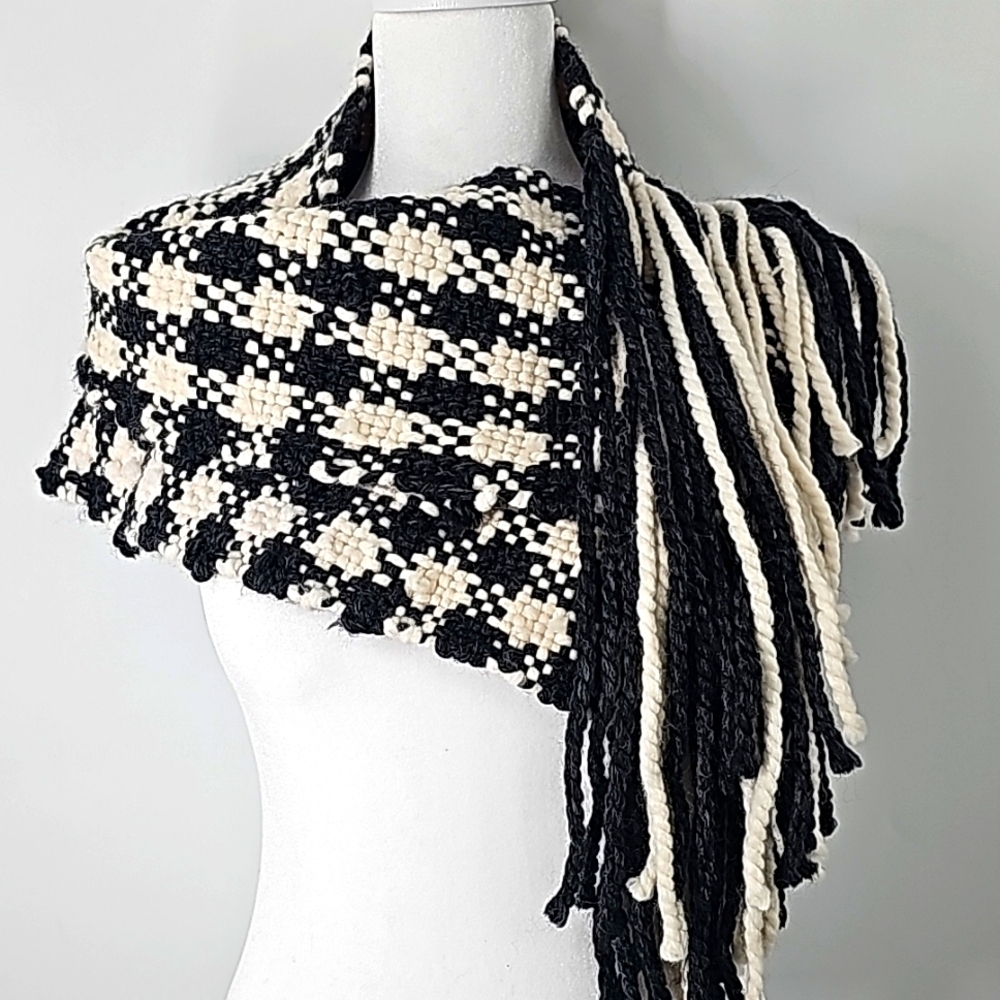 Black & Cream Fringed Houndstooth Hand Knit Long Neck Scarf
